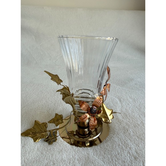 Unbranded Other - Vintage Homco Glass Candle Votive Sconce Copper Gold Leaves Brass Base Fairy